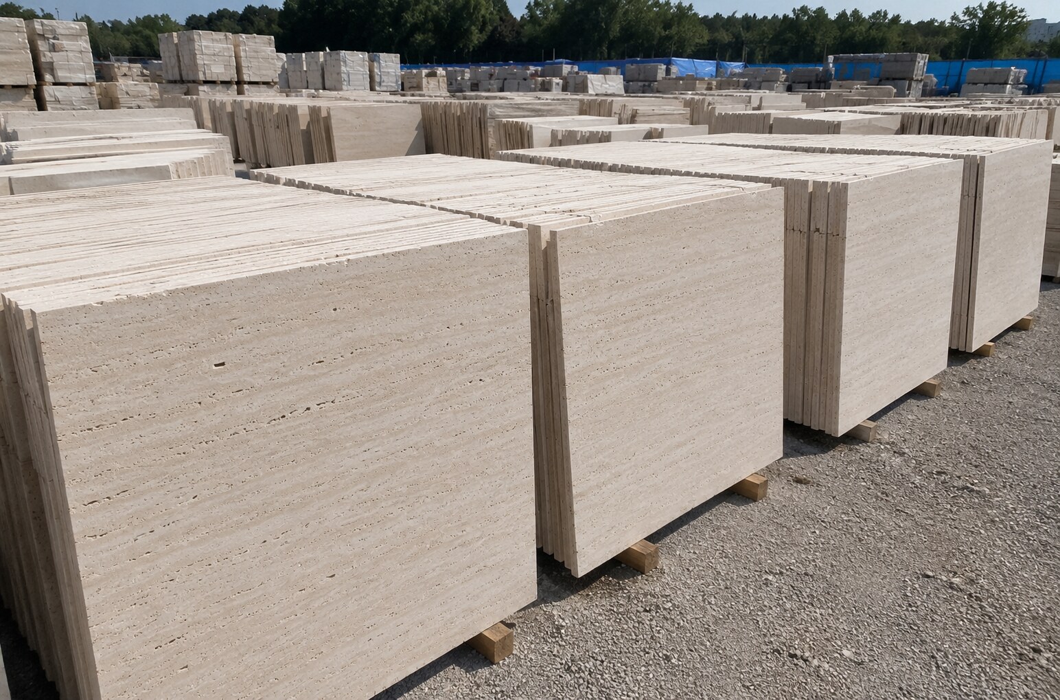 Beige Travertine slabs stacked in warehouse - Marble Fort