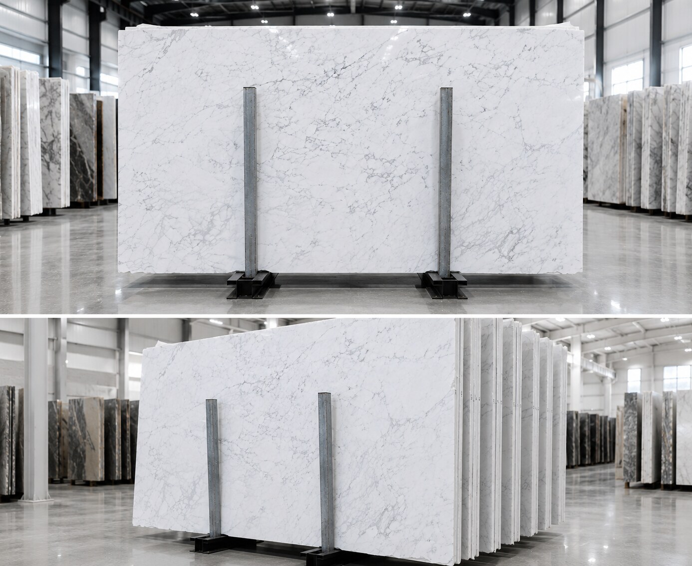 Carrara White Marble slabs stacked in warehouse - Marble Fort
